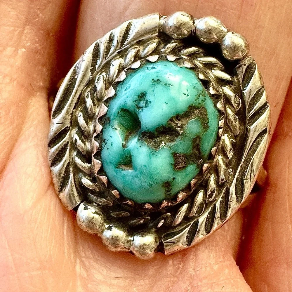 Navajo Nugget  Turquoise Ring Sz 7 Sterling F Martinez Native American